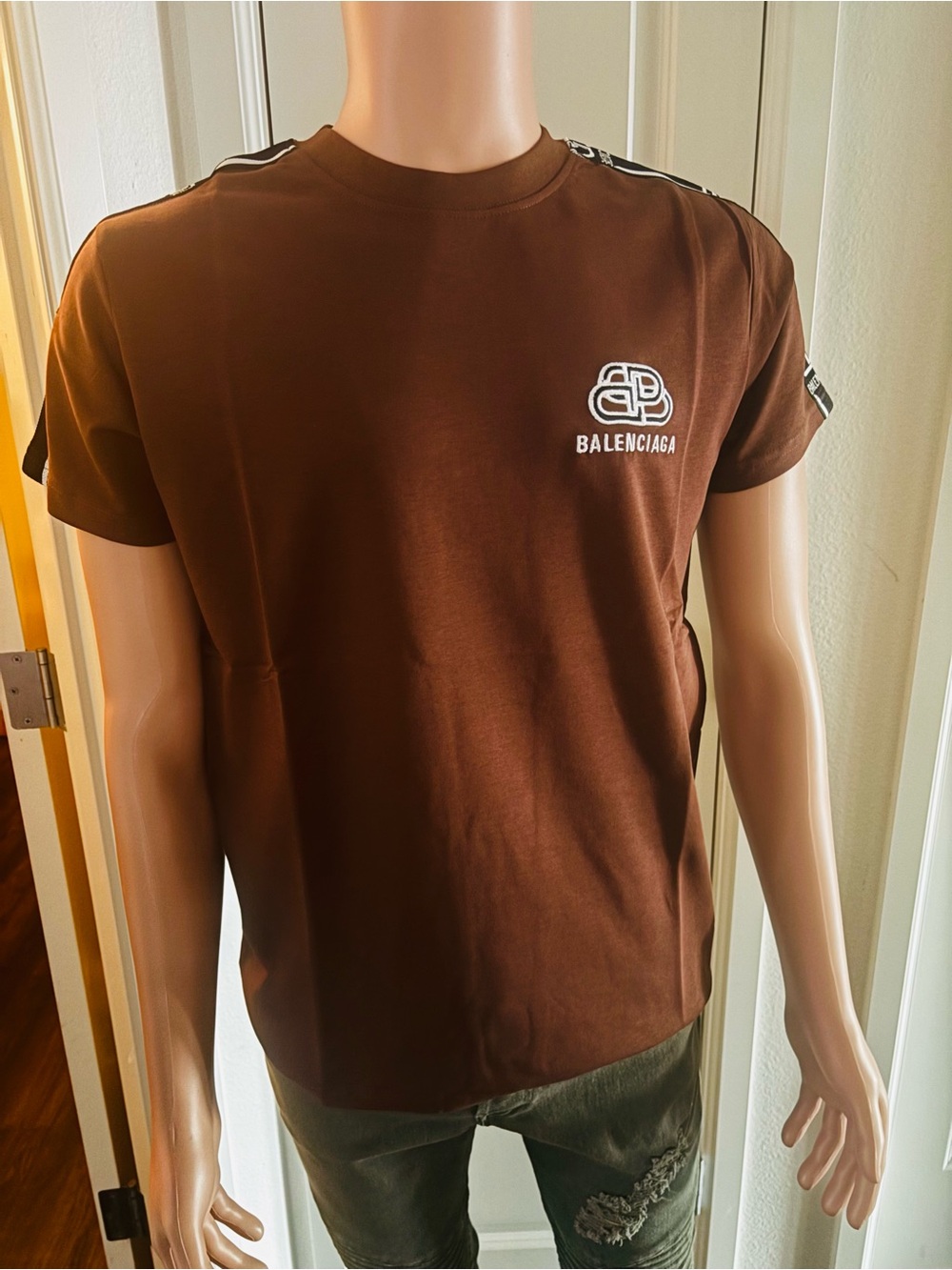 Balenciaga Brown Logo Crewneck Tee with Shoulder Tape